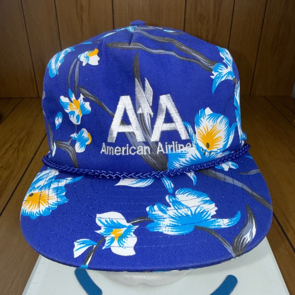 Vintage American Airlines Floral Snapback Hat Blue Hawaiian Nissin Cap AA Logo